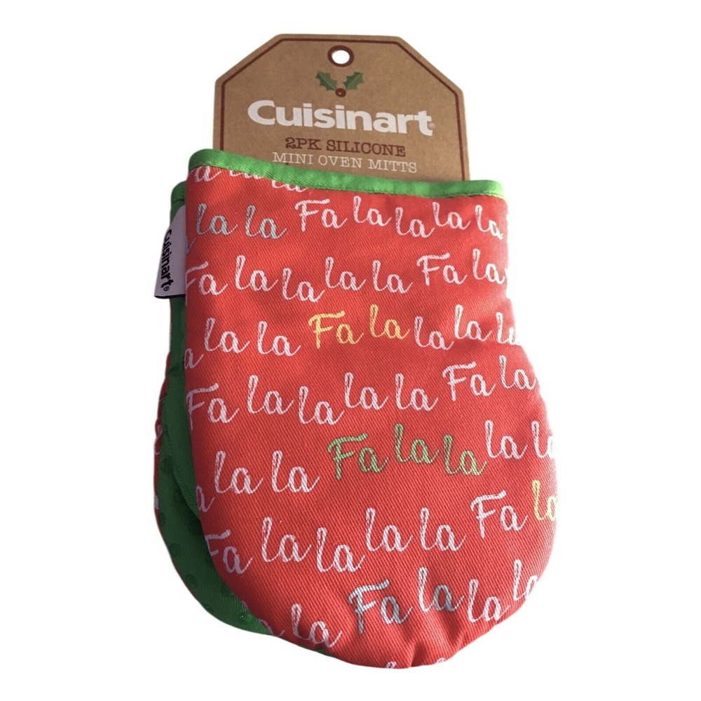 Cuisinart 2PK Silicone Mini Oven Mitts Red Green Fa La La Holiday Christmas New